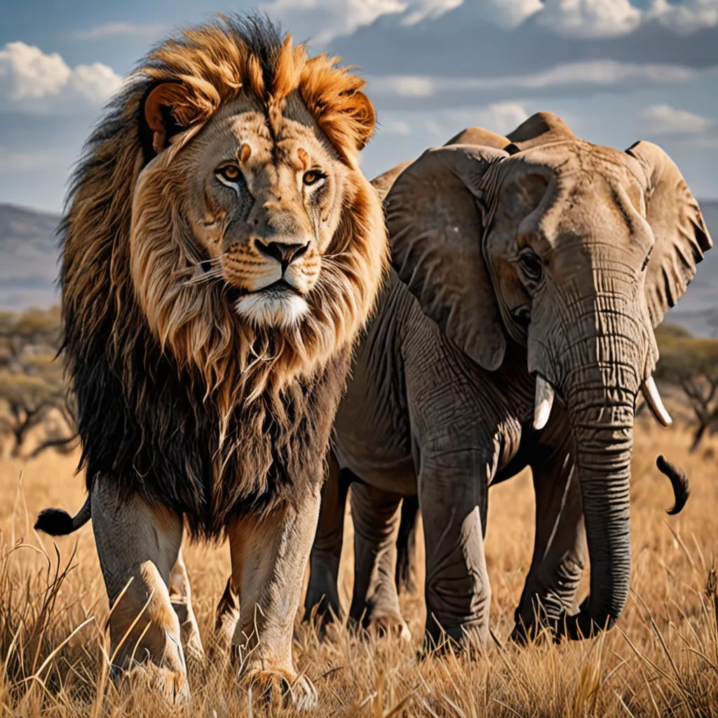 two large elephants walking in a field with a sky background and clouds in the background, with one of them looking at the camera, sumatraism, a photorealistic painting, Art Brenner, wildlife photography