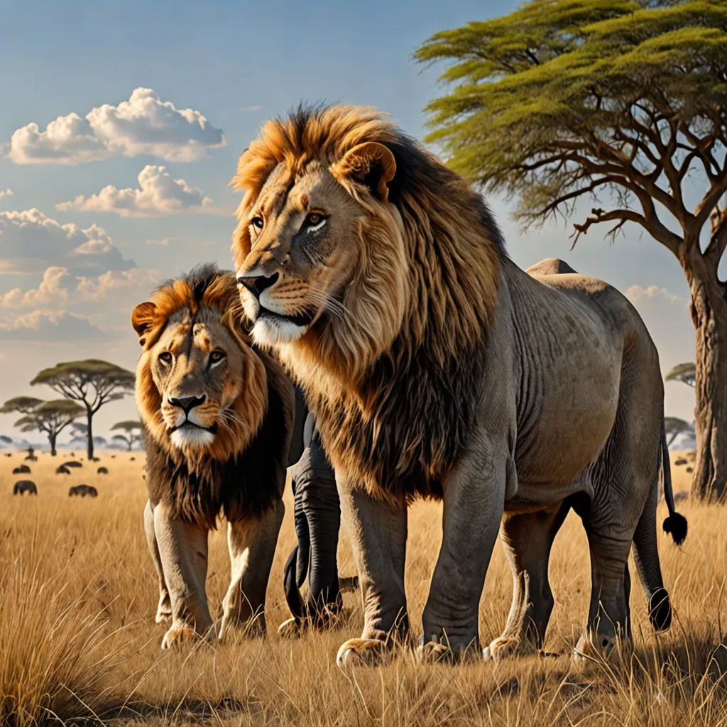 two lions standing in a field with trees in the background and clouds in the sky above them, with a blue sky and clouds above them, photorealism, a photorealistic painting, Chris LaBrooy, photoreal