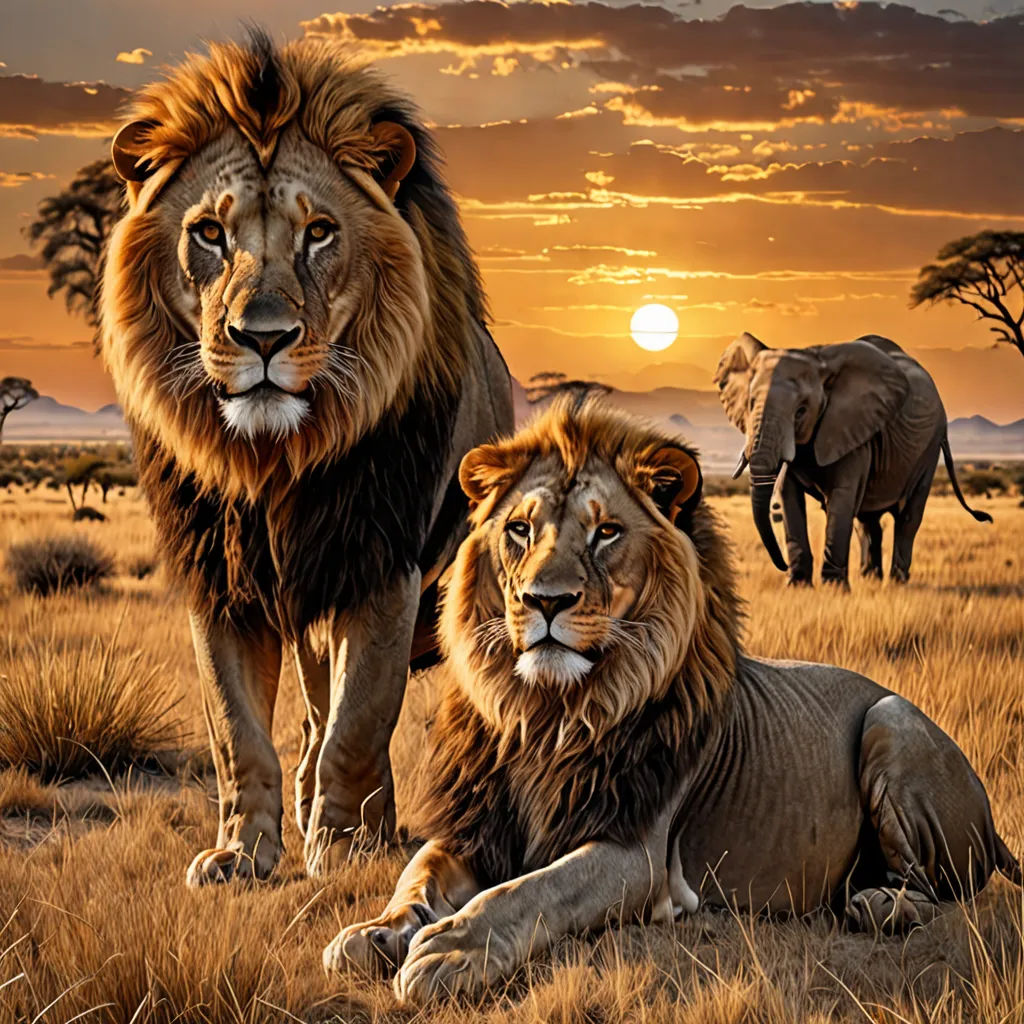 a painting of two lions and an elephant in a field at sunset with a sunset in the background and a few elephants in the foreground, art photography, a photorealistic painting, Brothers Hildebrandt, wildlife photography