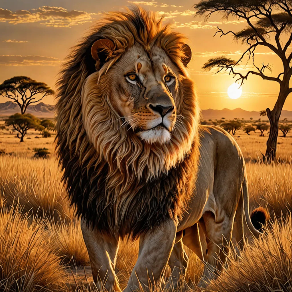 a lion standing in a field with trees in the background at sunset or dawn with a sun setting behind it, fantastic realism, an airbrush painting, Art Brenner, wildlife photography