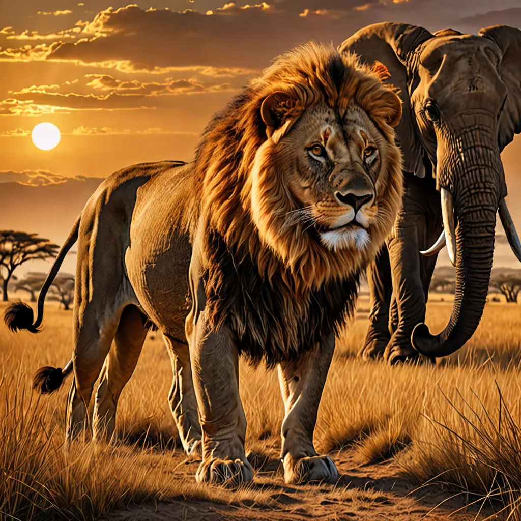 two large elephants walking across a dry grass field at sunset with a lion in the background and a zebra in the foreground, fantastic realism, a digital painting, Art Brenner, wildlife photography