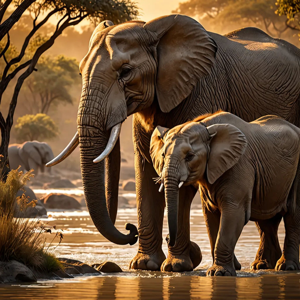 a mother elephant and her baby are standing in the water at the edge of the river at sunset or dawn, sumatraism, a jigsaw puzzle, Art Brenner, wildlife photography