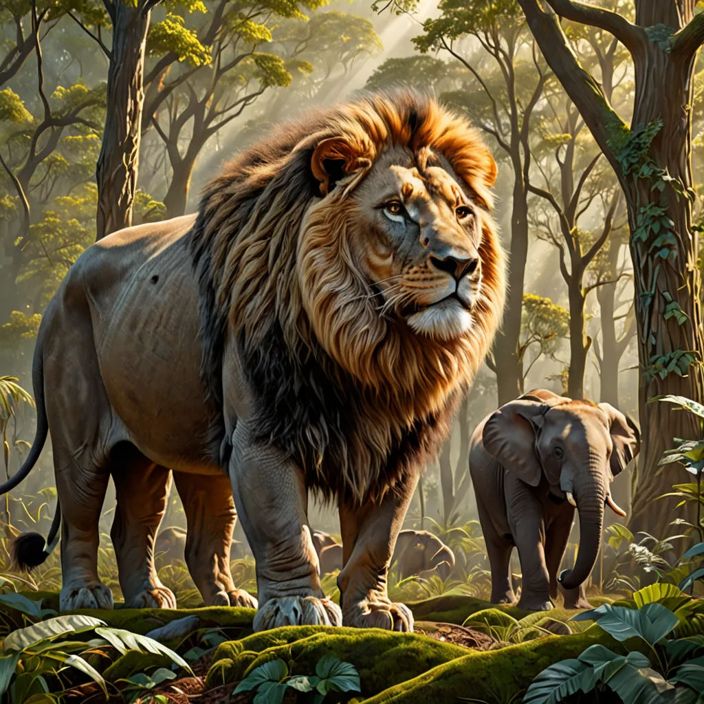 a lion and a baby elephant in a jungle setting with trees and grass and rocks and rocks and rocks, photorealism, a detailed matte painting, Chris LaBrooy, photoreal