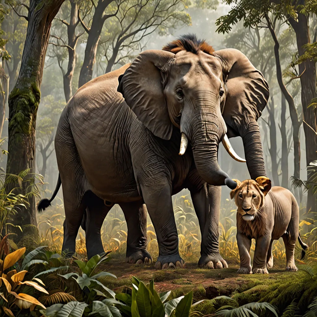 a large elephant and a small elephant in a forest with trees and bushes and plants around them, with a baby lion standing next to it, photorealism, a detailed matte painting, Chris LaBrooy, weta digital