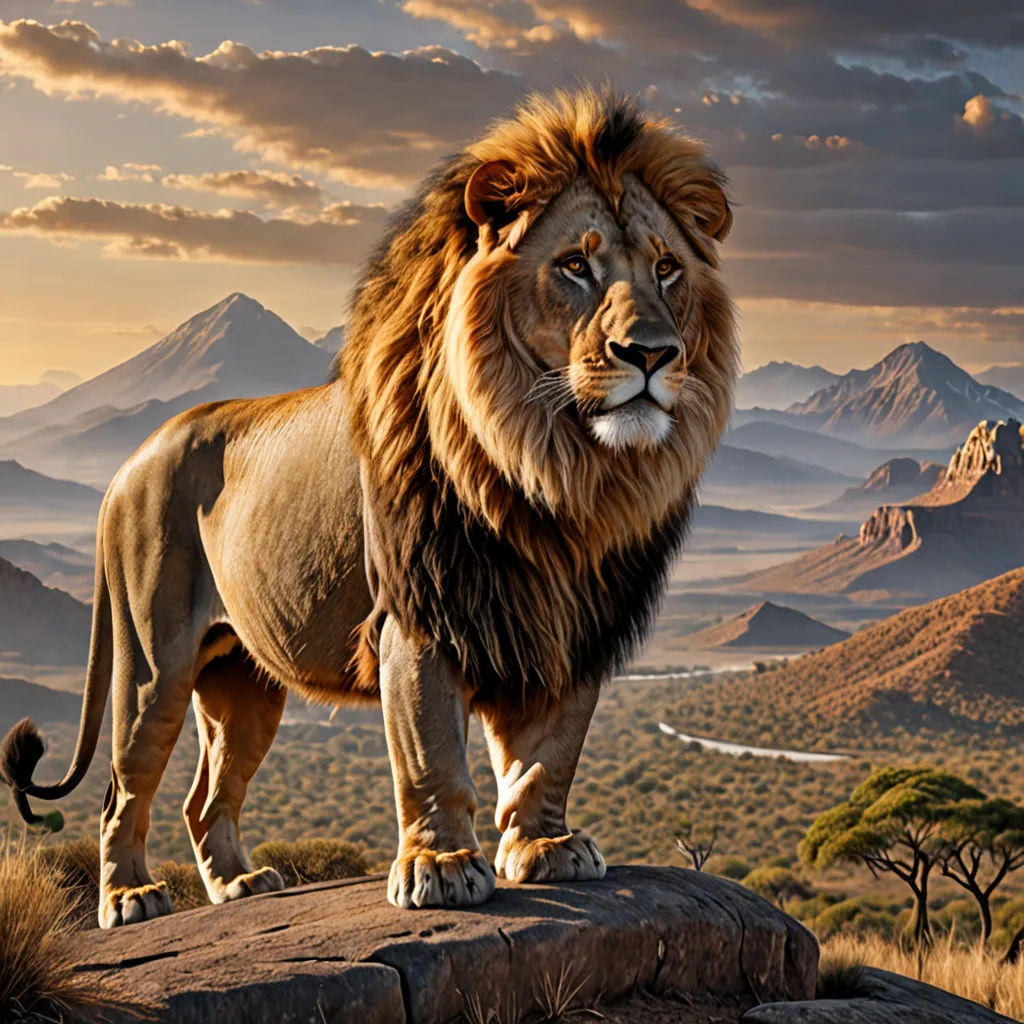 a lion standing on a rock in the middle of a mountain range with a sunset in the background and a mountain range in the background, photorealism, an airbrush painting, Chris LaBrooy, photoreal