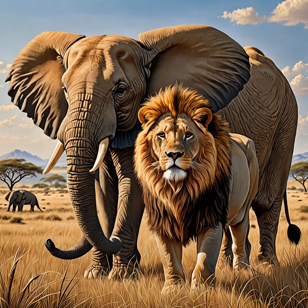 a painting of two large elephants standing in a field of grass with elephants in the background and a sky with clouds, fantastic realism, an oil painting, Brothers Hildebrandt, highly detailed digital painting