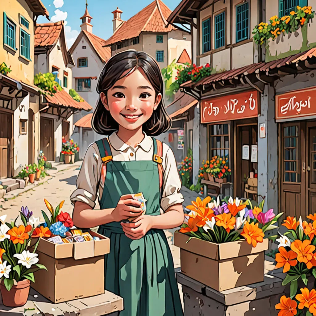 a girl standing in front of a flower shop holding a box of flowers and smiling at the camera with a smile, art & language, a storybook illustration, Colin Middleton, trending on art station