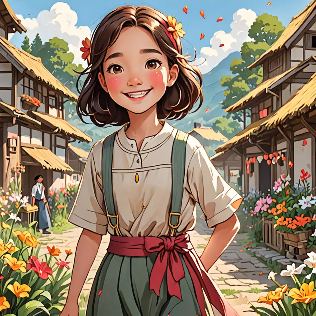 a girl standing in front of a flower garden with a village in the background and a sky with clouds, fantasy art, a storybook illustration, Colin Middleton, trending on art station
