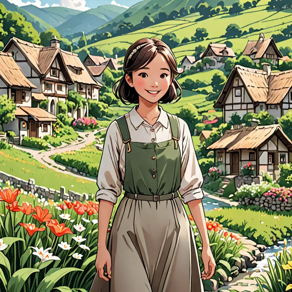 a woman standing in front of a lush green hillside with houses on it and flowers in the foreground, synthetism, a comic book panel, Anne Said, official art