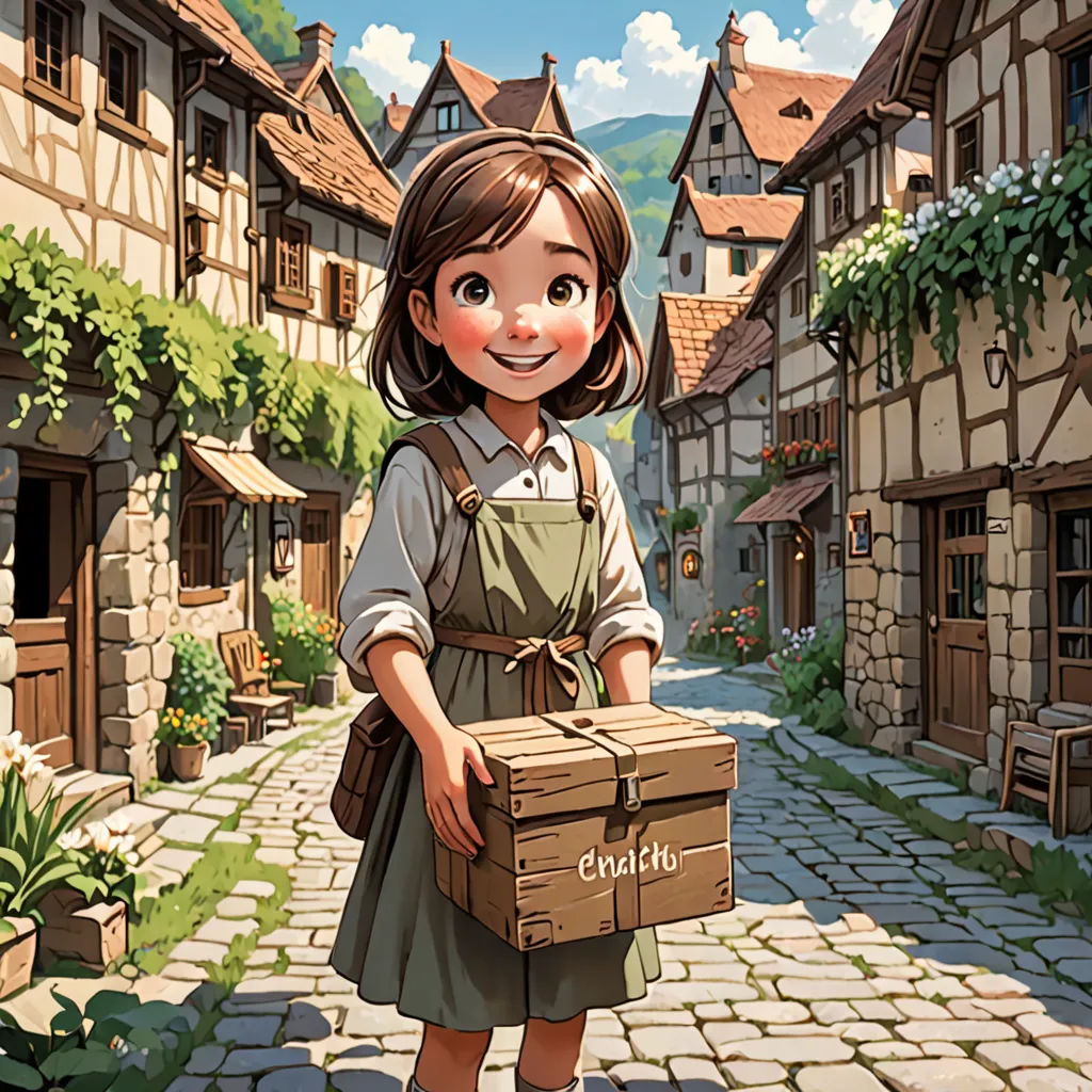 a cartoon girl carrying a box in a village street with a cobblestone road and buildings in the background, fantasy art, a storybook illustration, Cliff Childs, cushart krenz