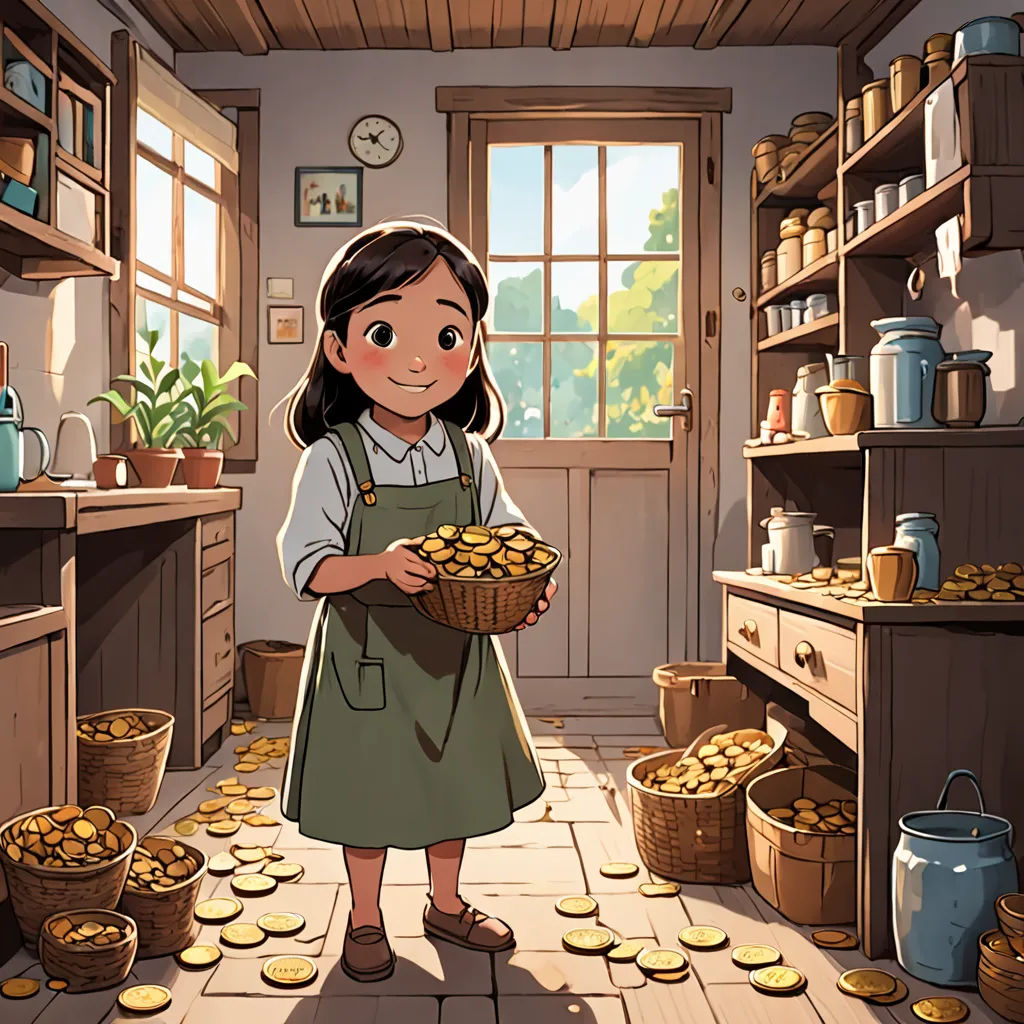 a girl holding a basket of gold coins in a kitchen with a lot of pots and pans on the floor, context art, a storybook illustration, Anne Said, official art