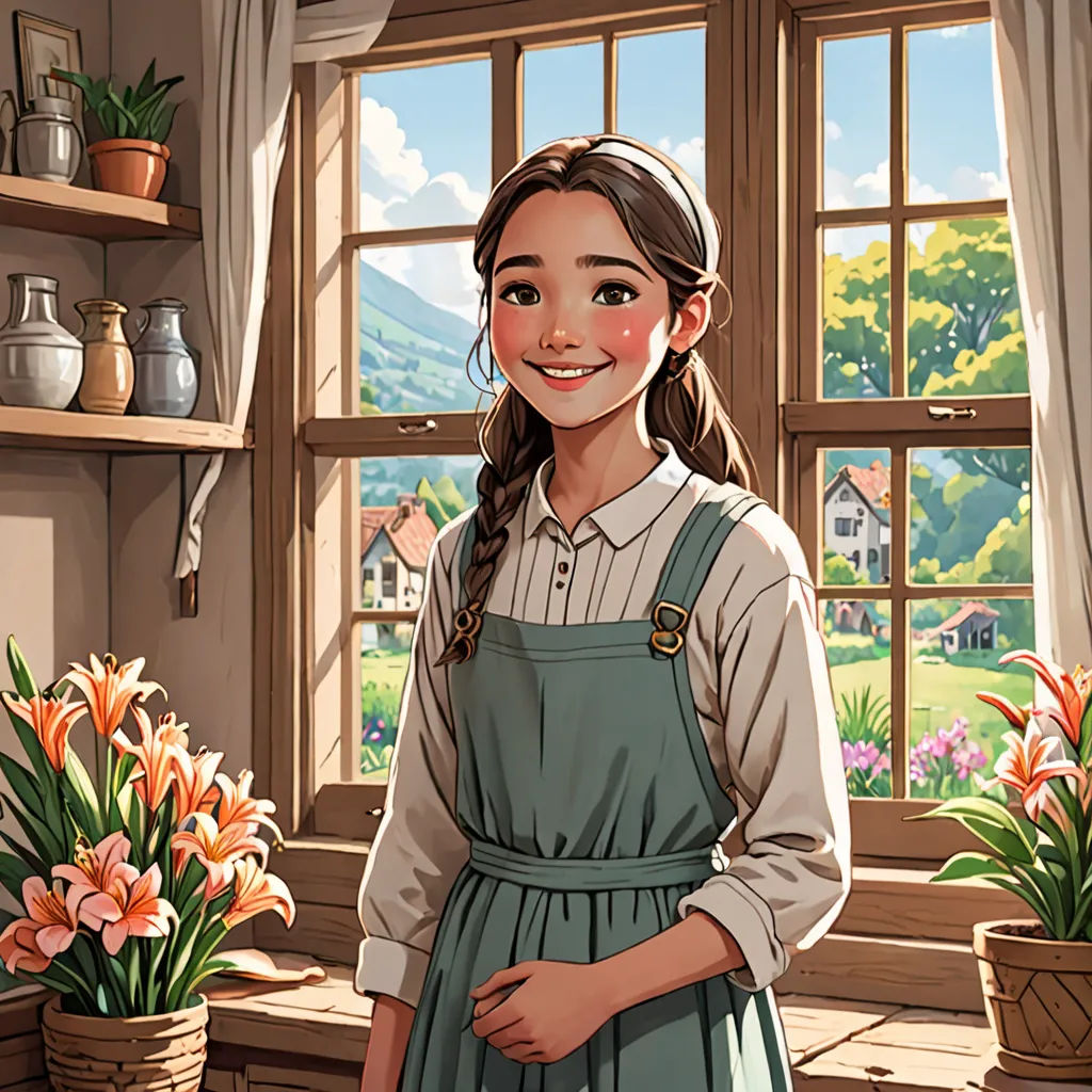a girl in a green dress standing in front of a window with flowers in pots and a potted plant, american scene painting, a storybook illustration, Anne Said, trending on art station