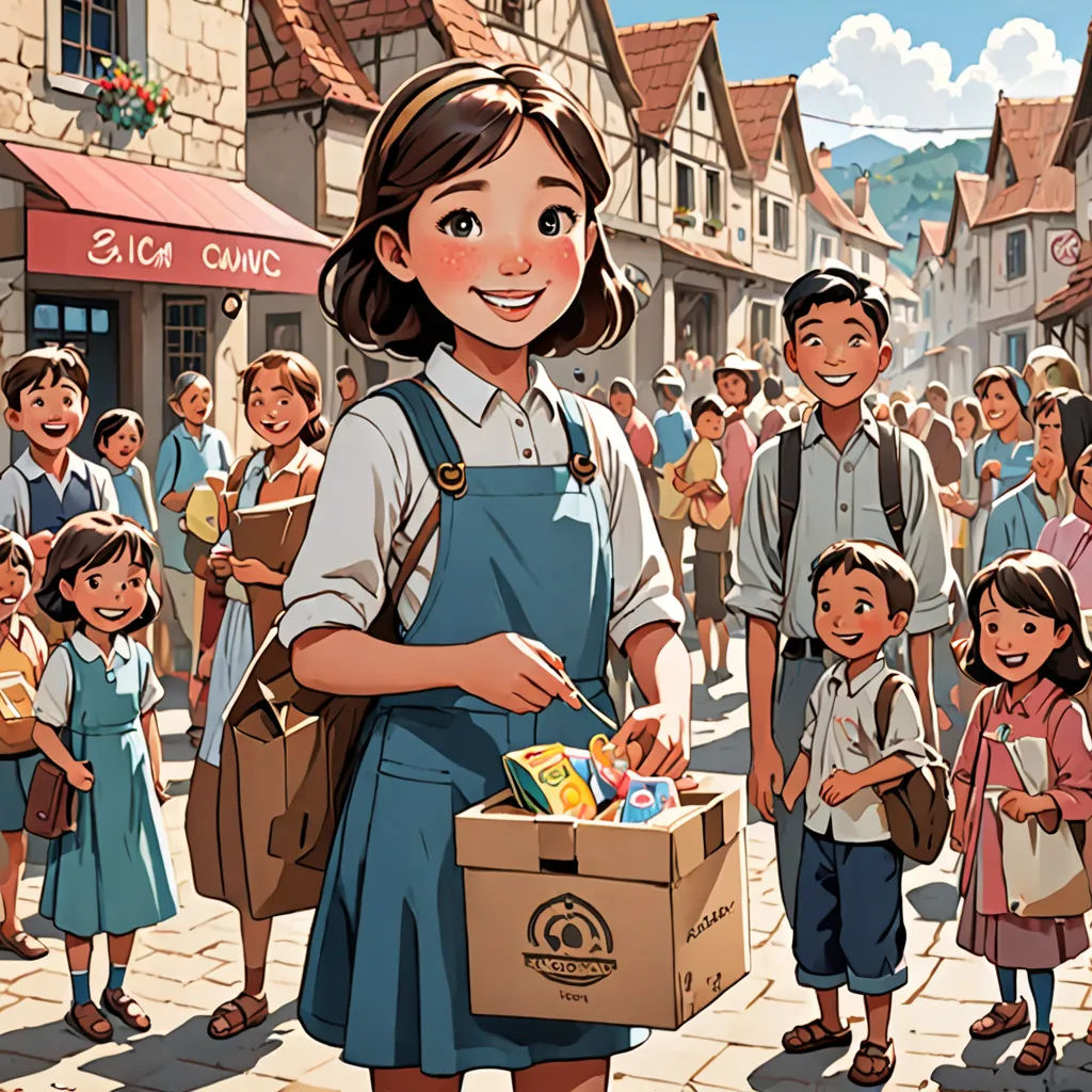 a woman holding a box of food in front of a crowd of people on a street with buildings in the background, american scene painting, a storybook illustration, Choi Buk, official art