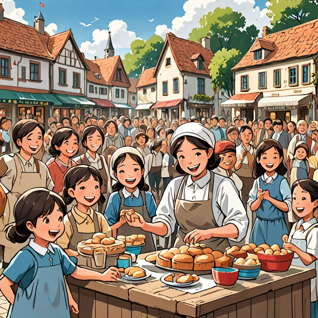 a group of people standing around a table with food on it and a woman serving them food to a group of children, american scene painting, a storybook illustration, Brothers Hildebrandt, official art