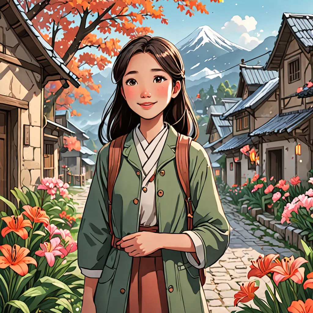 a woman standing in front of a flower garden with a mountain in the background and a house with a red flower, art & language, a comic book panel, Byeon Sang-byeok, official art