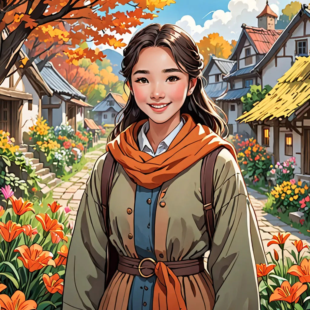 a woman standing in front of a garden with flowers and houses in the background, with a sky background, fantasy art, a character portrait, Byeon Sang-byeok, official art