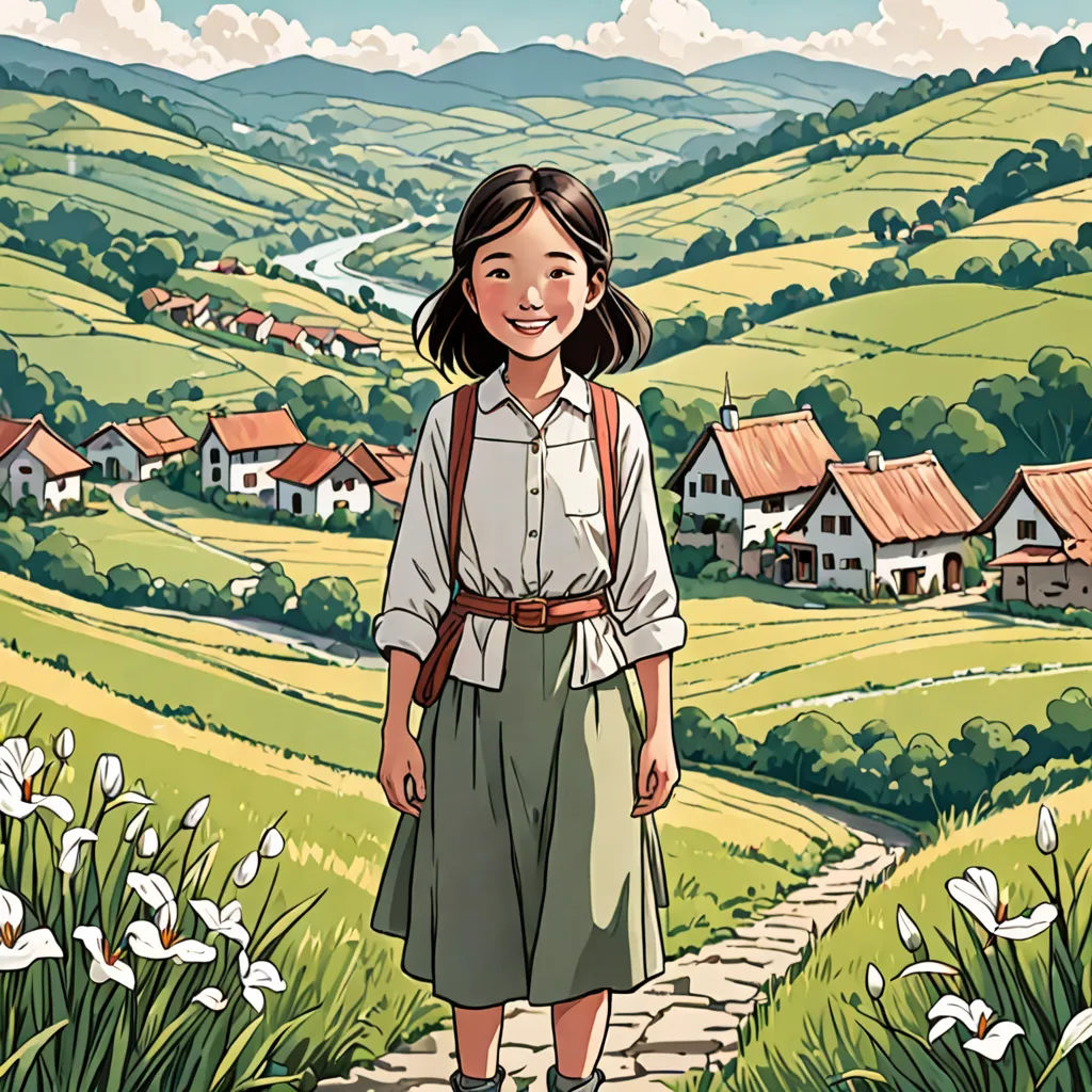a girl standing on a path in a field with a village in the background and a river running through the valley, magical realism, a storybook illustration, Choi Buk, graphic novel