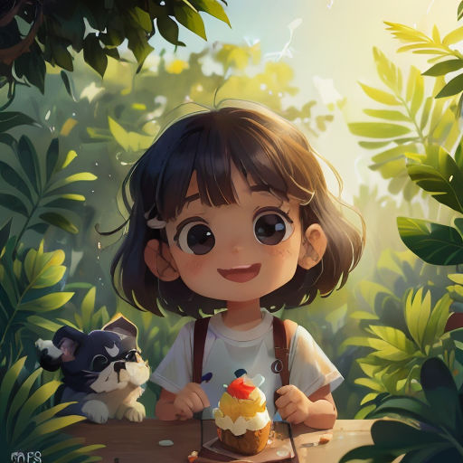 a little girl sitting at a table with a cupcake and a cat in front of her, with a forest background