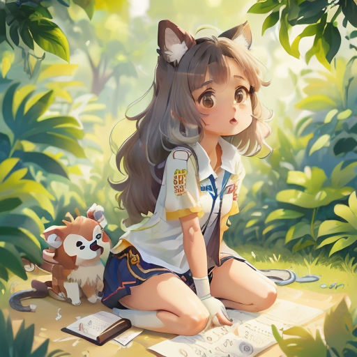 a girl sitting on the ground with a stuffed animal next to her on a book in the forest with a forest background