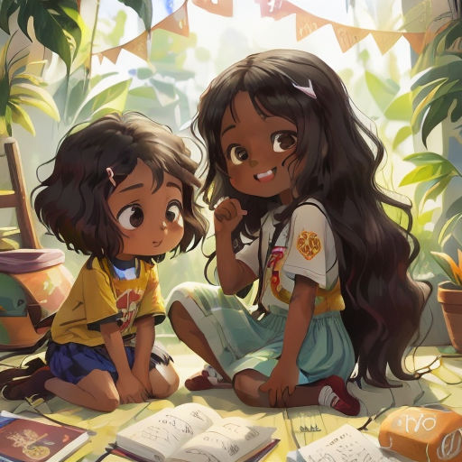 two young girls sitting on the ground next to books and plants, reading a book together, with a banner in the background