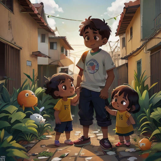 a group of children standing in a courtyard next to a building and a street with a few buildings and a few people