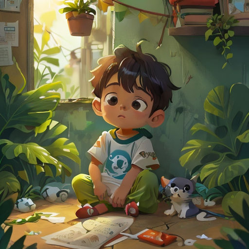 a boy sitting on the ground with a stuffed animal in front of him and a cat nearby on the ground