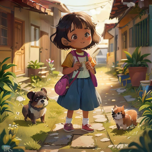 a little girl standing in the middle of a street with two dogs and a cat nearby on a sunny day