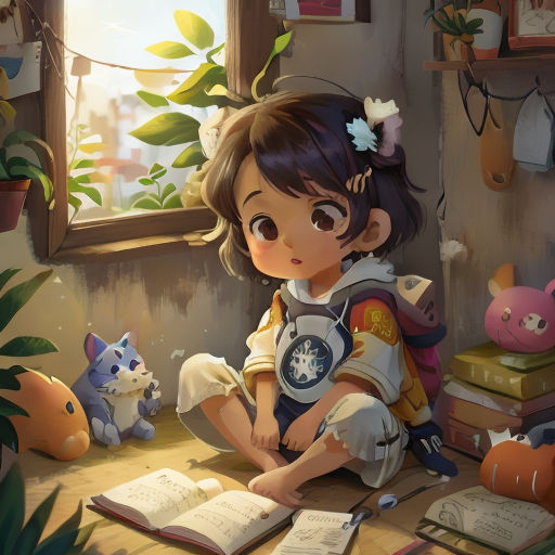 a girl sitting on the floor with a book and a cat next to her and a window with a cat and a cat on it