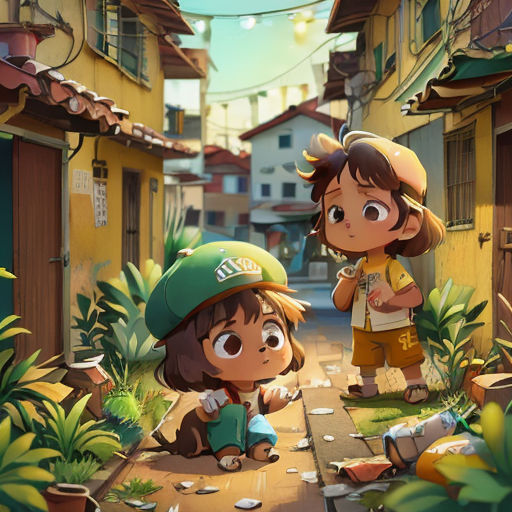 a couple of kids standing on a street next to a building and a tree in the background with a dog