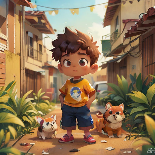 a boy standing in the middle of a street with two small dogs and a cat on the side of the road