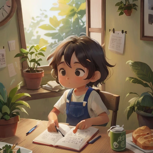 a little girl sitting at a table writing on a book with a cup of coffee and a plant in the background