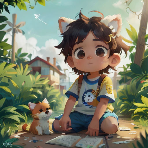 a little girl sitting on a rock next to a dog and a book in a forest with a bird flying overhead