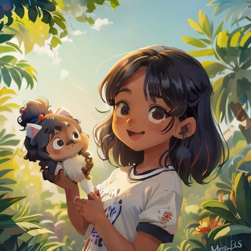 a girl holding a stuffed animal in a jungle setting with a sky background and trees in the background, with a sun shining through the leaves