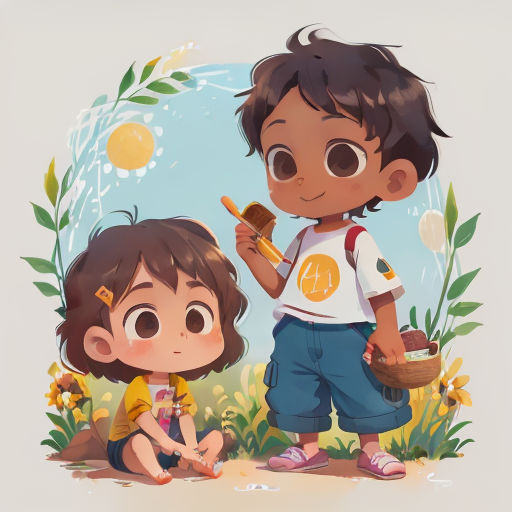 a boy and a girl are sitting on the ground with a basket of food in their hands and a girl is holding a basket