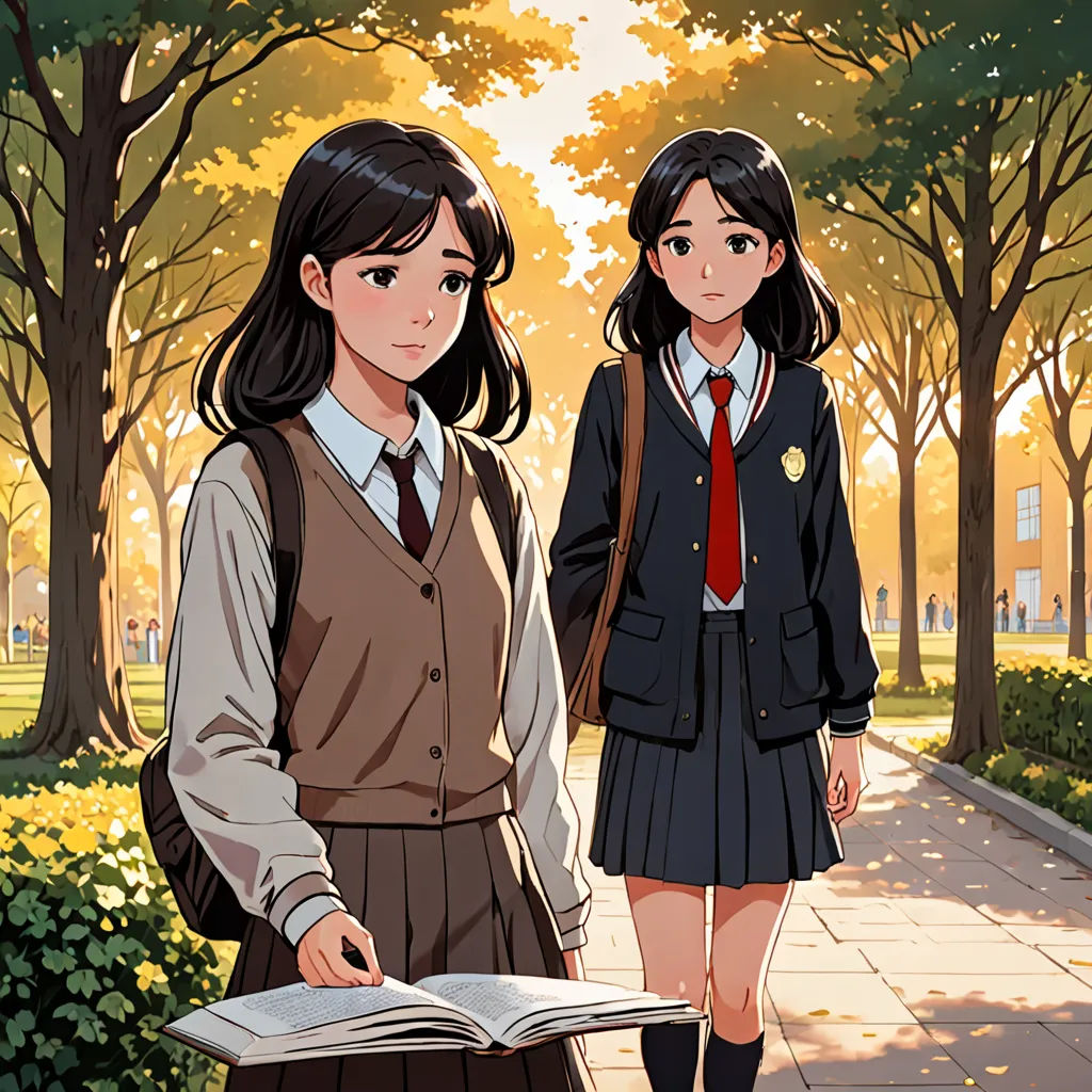 two girls in school uniforms are standing on a sidewalk and one is holding a book and the other is holding a backpack, Choi Buk, serial art, a comic book panel, official art