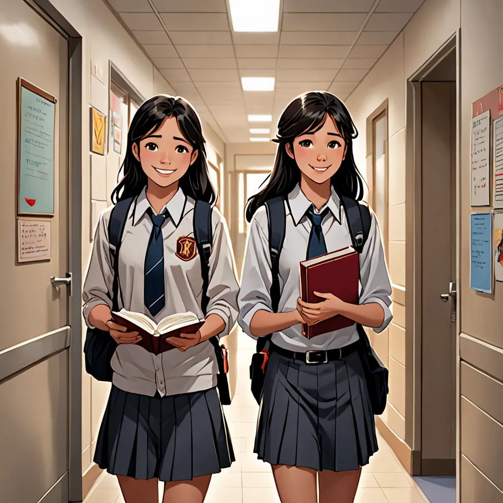 two girls in school uniforms are walking down a hallway with books in their hands and smiling at the camera, Artgerm, academic art, a comic book panel, official art