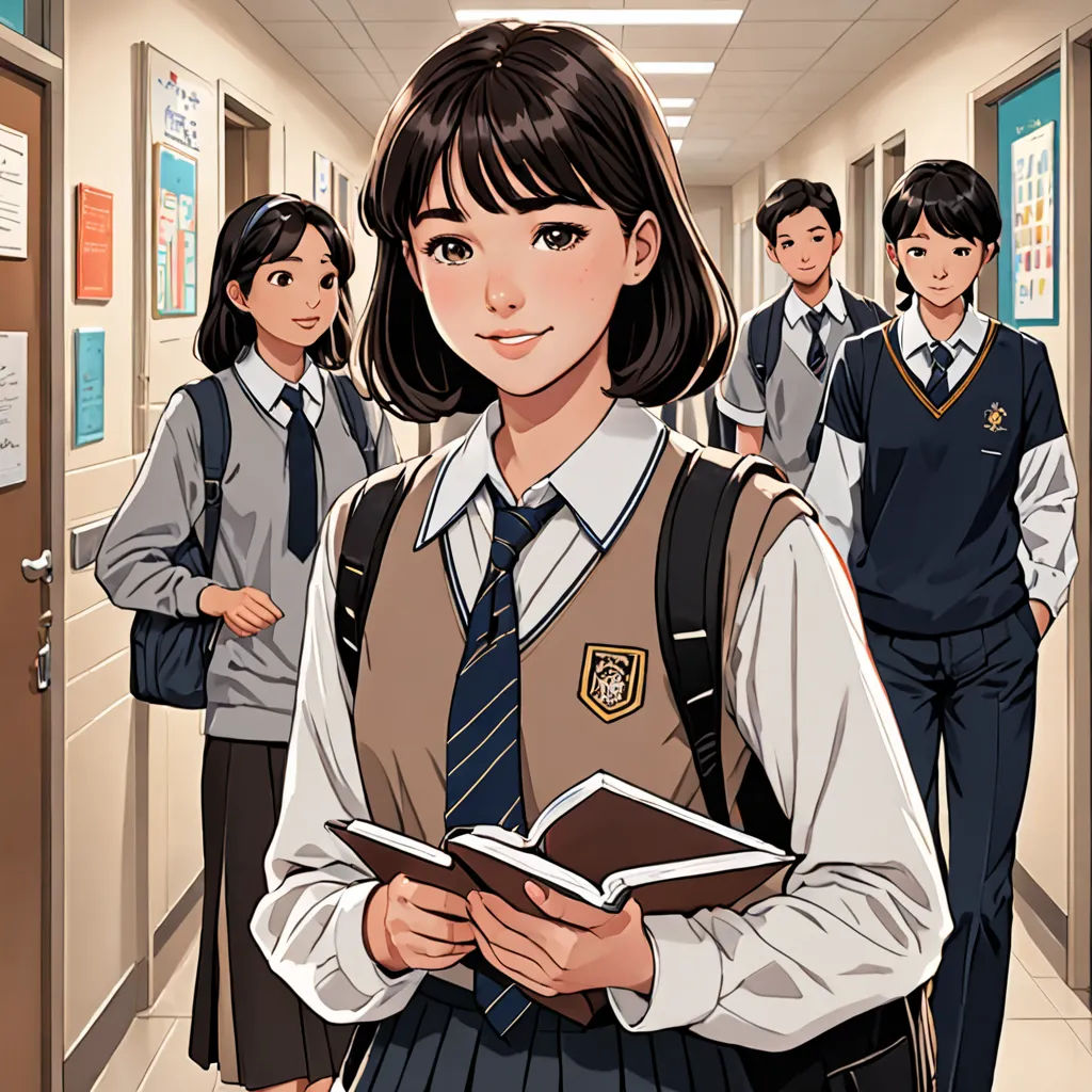 a cartoon of a girl in a school uniform holding a book in a hallway with other school children in the background, Choi Buk, paris school, a comic book panel, official art