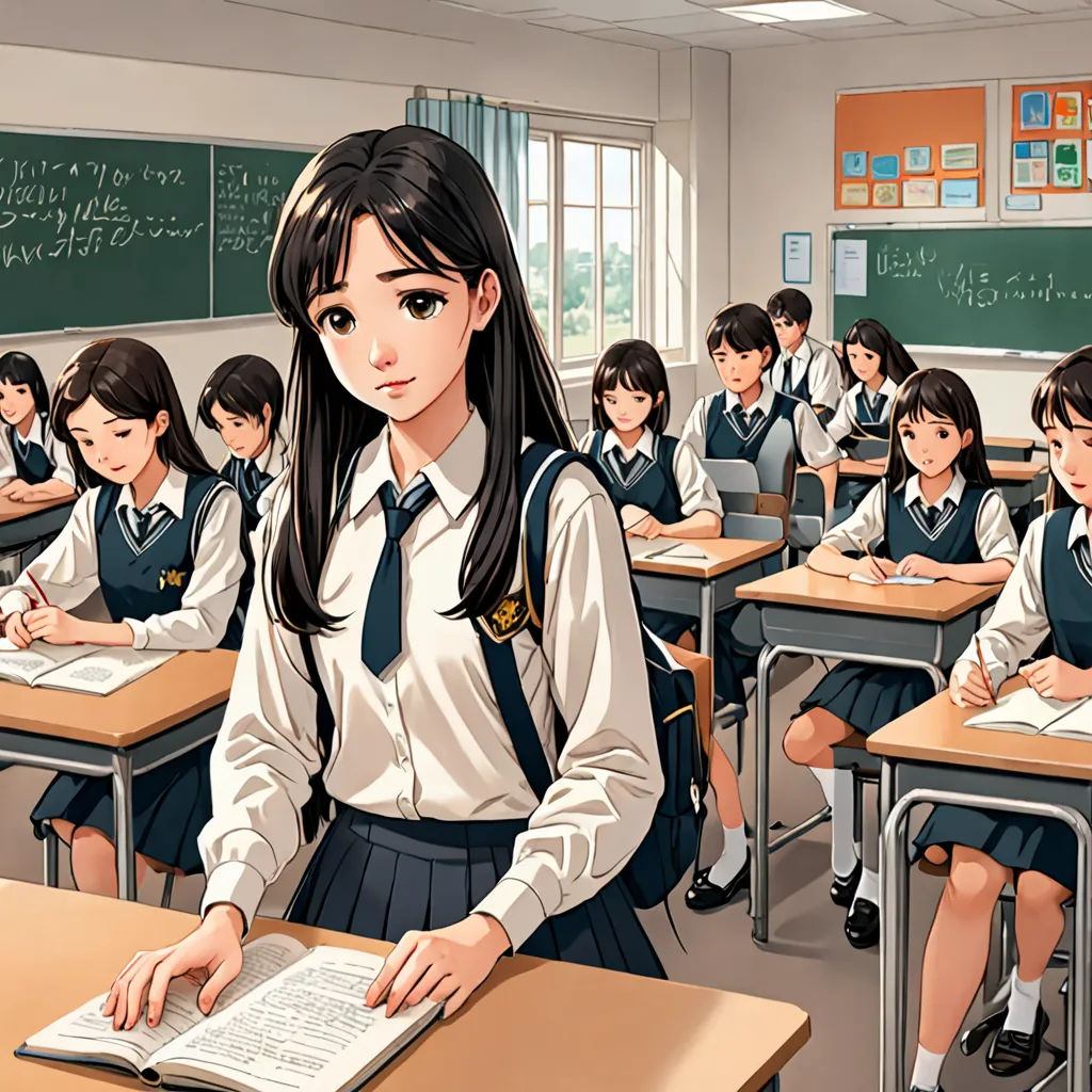 a girl in a school uniform is sitting at a desk with a book in front of her and other students behind her, Ayako Rokkaku, remodernism, a detailed painting, official art