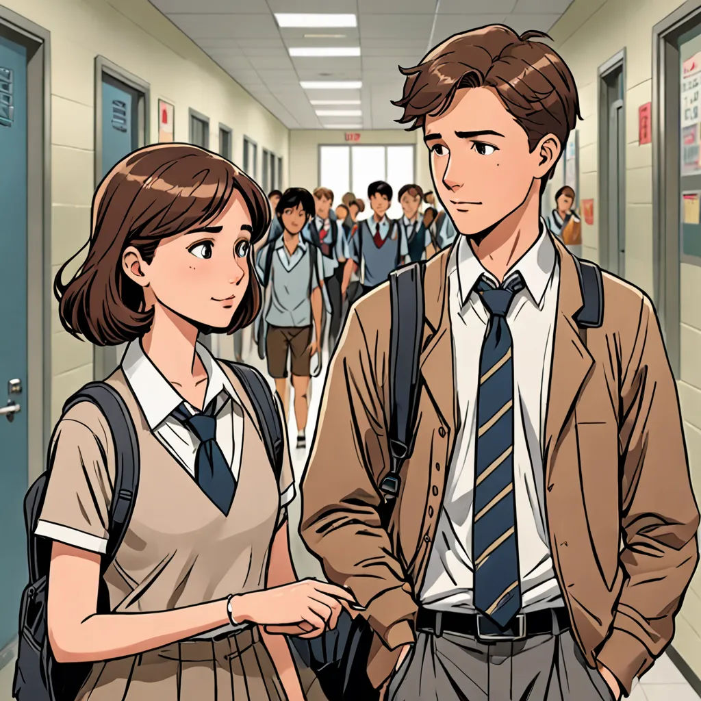 a man and a woman standing in a hallway with school uniforms on and a group of people behind them, David Park, serial art, a comic book panel, official art