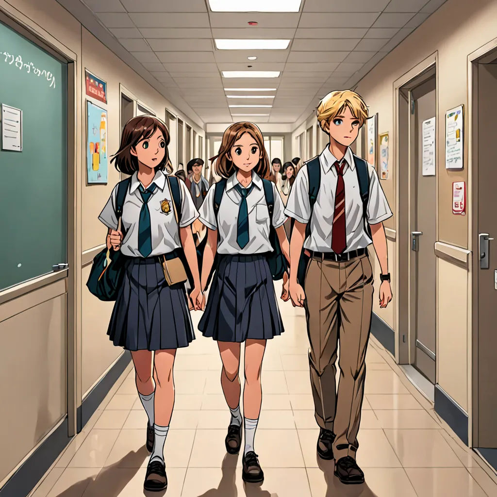 a group of people walking down a hallway next to each other in school uniforms and backpacks on their backs, Cedric Seaut (Keos Masons), sots art, a comic book panel, official art