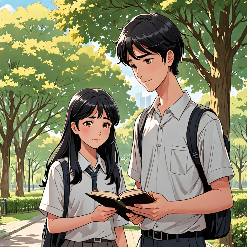 a man and a woman standing next to each other in a park with trees and grass behind them, reading a book, David Park, serial art, a comic book panel, official art