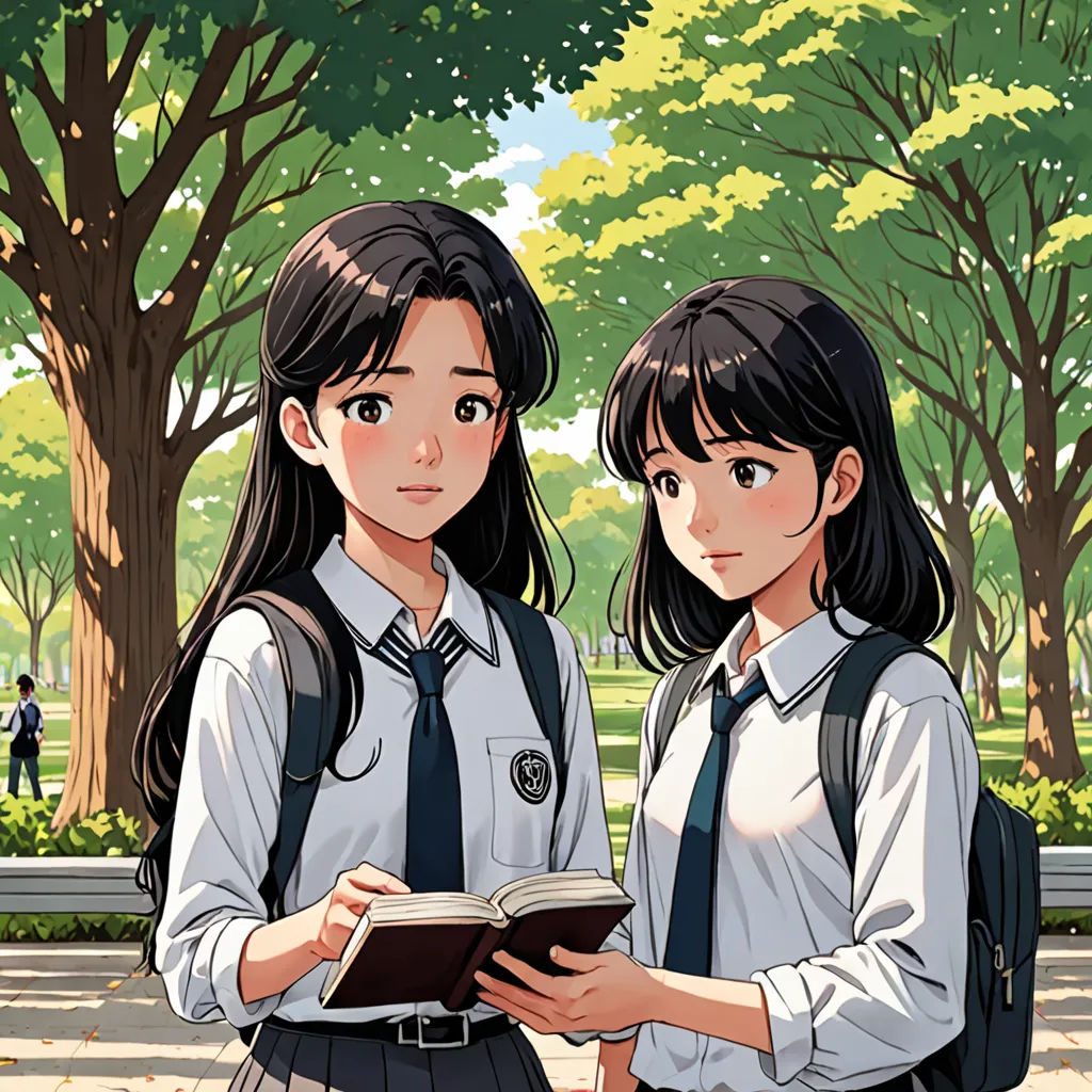 two girls in school uniforms are standing together and reading a book in a park area with trees and people in the background, Choi Buk, serial art, a comic book panel, official art