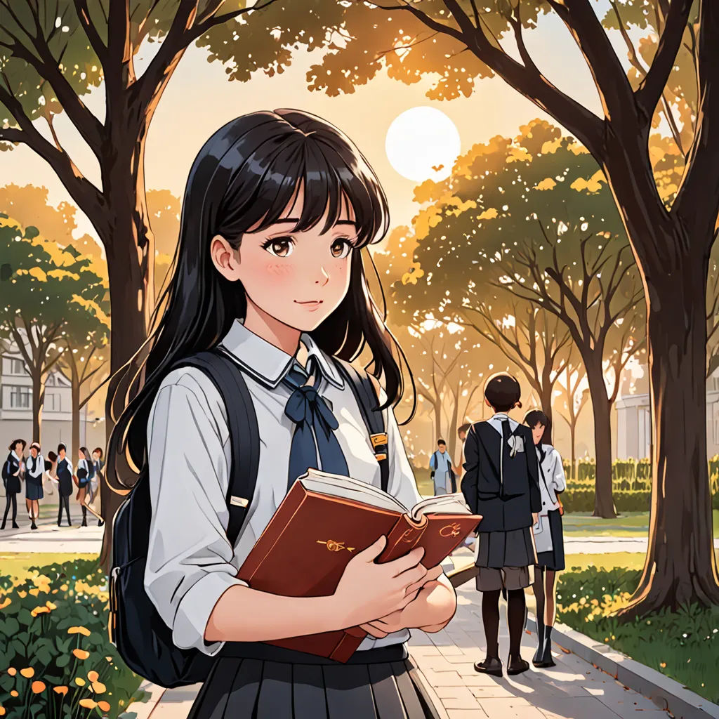 a girl in a school uniform is holding a book and standing in front of a group of people in a park, Colin Middleton, art & language, a comic book panel, official art