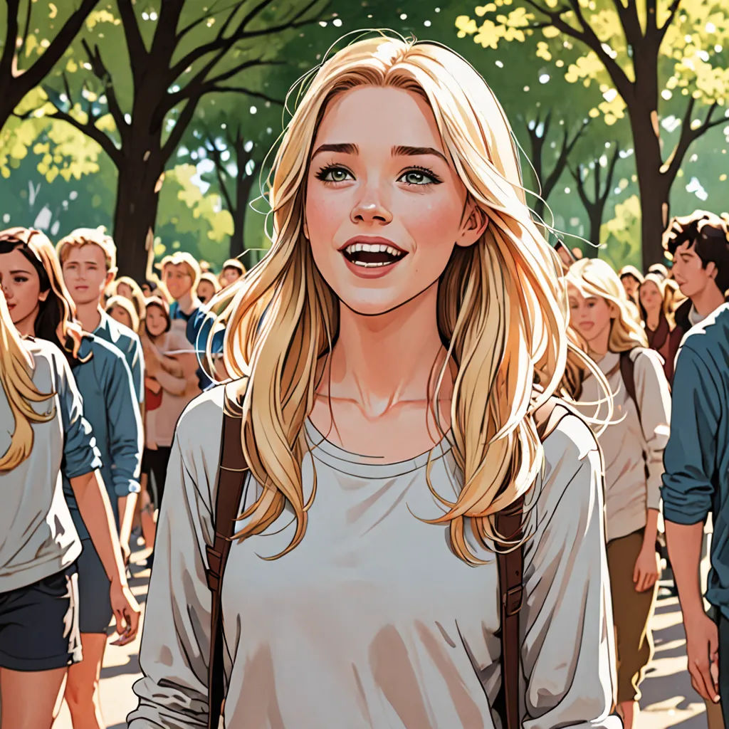 a woman with a backpack is standing in front of a crowd of people in a park, with trees in the background, Charlie Bowater, fantastic realism, a comic book panel, stanley artgerm lau