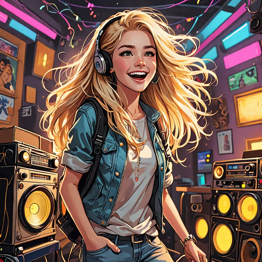 a woman with headphones standing in a room full of sound equipment and a boombox with a record player, Artgerm, lyco art, a comic book panel, stanley artgerm lau