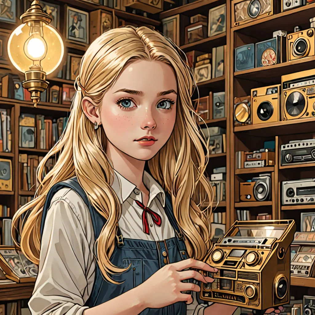 a girl holding a radio in a library with a lamp on the wall behind her and a bookcase full of books, Artgerm, fantasy art, a storybook illustration, trending on art station