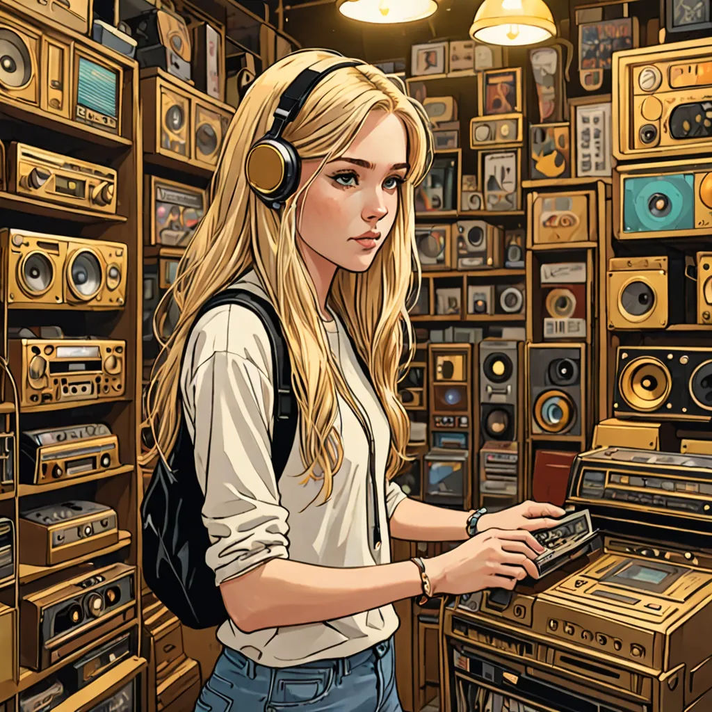 a woman with headphones is looking at a radio in a room full of old radio equipment and a lot of books, Artgerm, psychedelic art, a comic book panel, detailed illustration