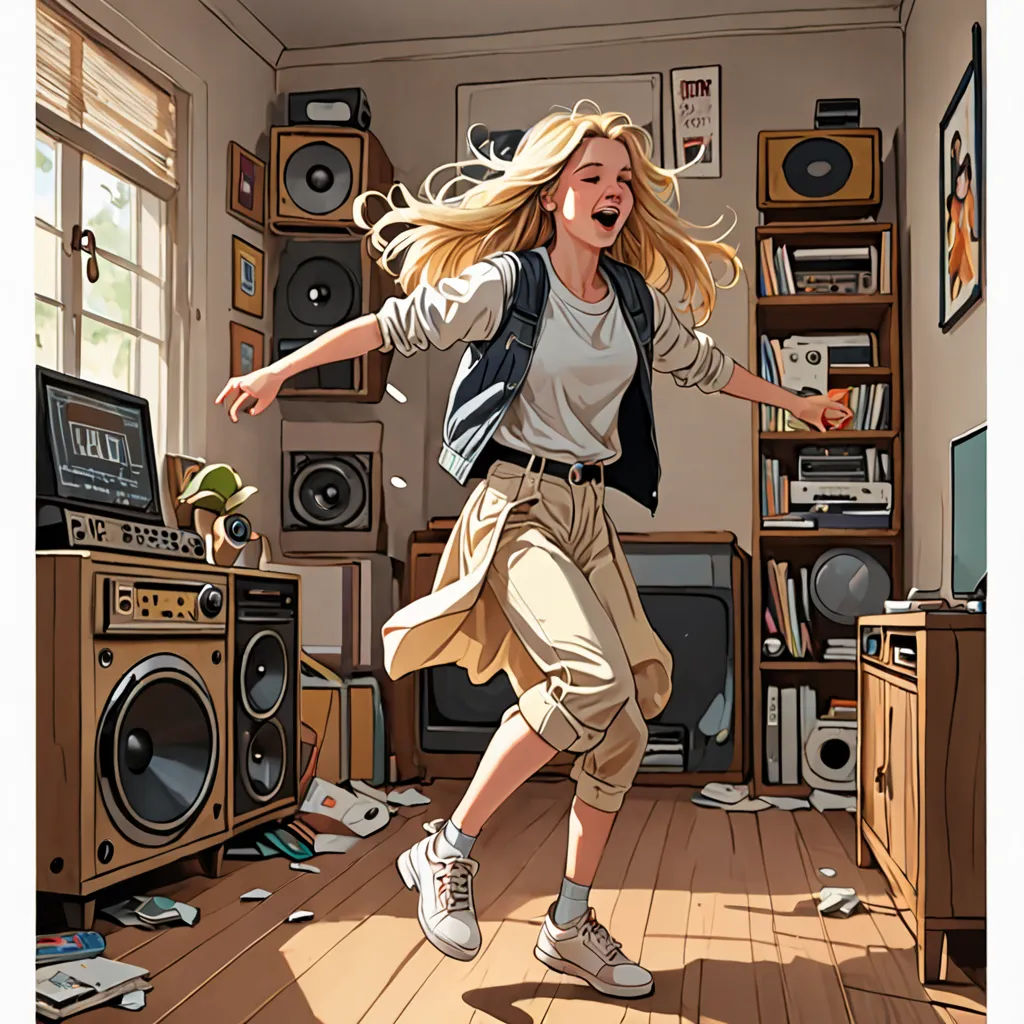 a woman is dancing in a messy room with a lot of books and a tv on the floor and a lot of books on the floor, Drew Struzan, photorealism, a comic book panel, stanley artgerm lau