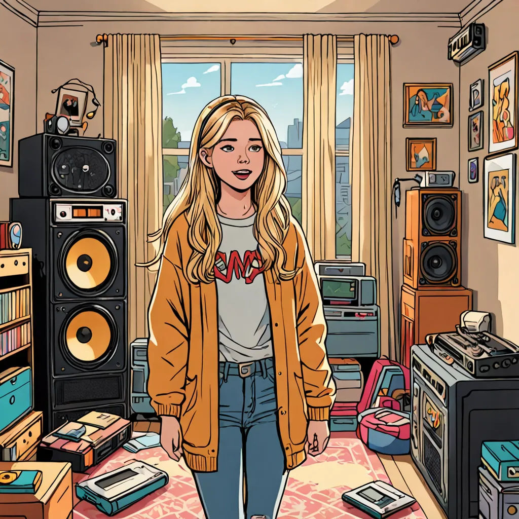 a woman standing in a room with a lot of electronics on the floor and a lot of pictures on the wall, Colin Middleton, serial art, a comic book panel, official art