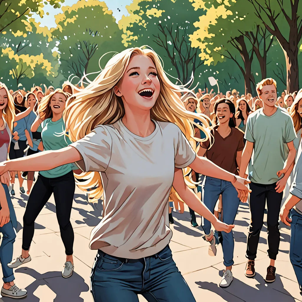 a woman is dancing in a crowd of people on a street with trees in the background and a crowd of people in the foreground, Alena Aenami, kitsch movement, a comic book panel, rossdraws global illumination